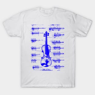 Blue Neon Da Vinci violin blueprint T-Shirt